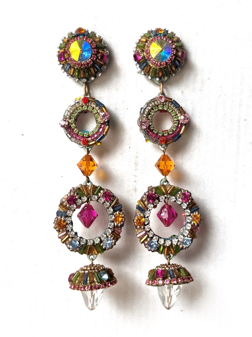 Long Boho 80s Clip On Rhinestone Earrings Mosaic Rainbow Artisan Bohemian Dangle
